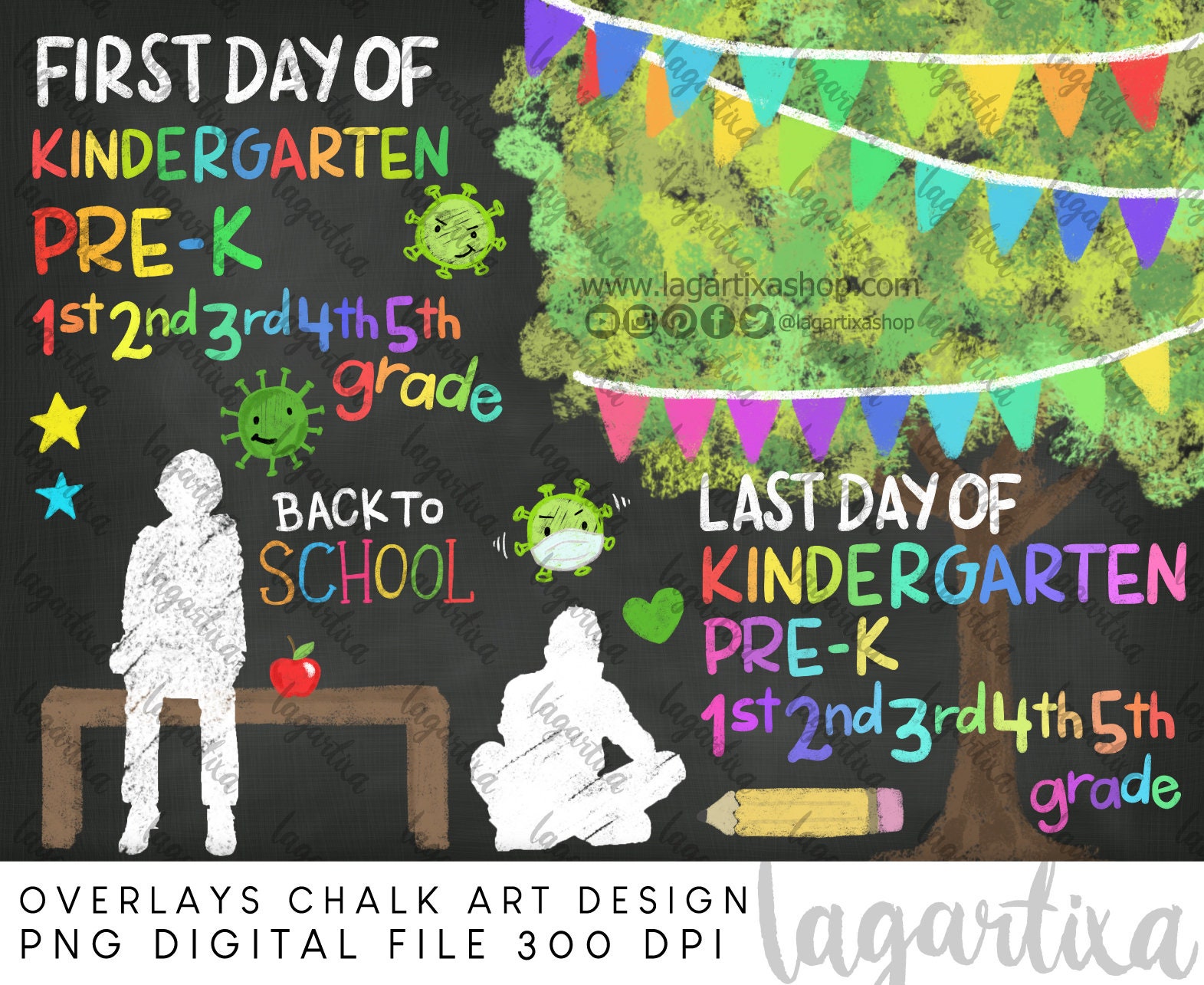 First and Last Day of School Chalk Art Overlays Sidewalk Back to School ...