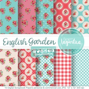 Jardin Ingles Shabby Chic Papel Digitale Fondos Rosas Inglesas Romantico groenblauw azul Rosas Rojas Vintage achtergronden blog of uitnodigingen