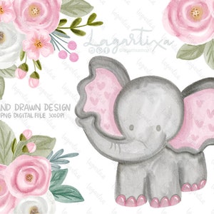 Elefante fofo rosa aquarela floral pintado à mão PNG clipart rosas flor para convites de chá de bebê etiquetas cartões | fundo transparente