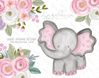 Può includere: Un'illustrazione ad acquerello di un elefante grigio con orecchie rosa e piedi rosa. L'elefante è circondato da fiori rosa e bianchi.