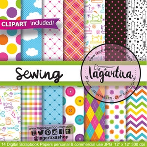 Sewing Digital Paper Fashion Designer Patterns Backgrounds Scrapbooking, Buttons, Scissors, Sewing Machine, mannequin, safety pins, thimble