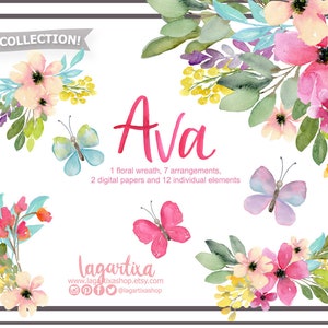 Op de afbeelding: Waterverf bloemen clipart set met vlinders, met een krans, arrangementen en individuele elementen. De set bevat de naam "Ava" in roze letters en de tekst "NEW COLLECTION!" in zwarte letters. De tekst "lagartixa" is ook in de afbeelding opgenomen.