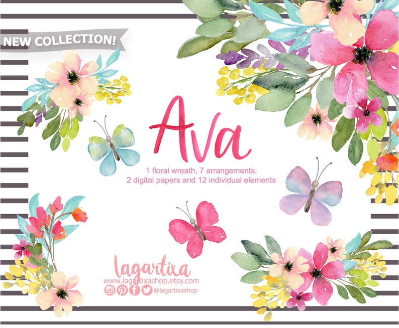 Op de afbeelding: Waterverf bloemen clipart set met vlinders, met een krans, arrangementen en individuele elementen. De set bevat de naam "Ava" in roze letters en de tekst "NEW COLLECTION!" in zwarte letters. De tekst "lagartixa" is ook in de afbeelding opgenomen.