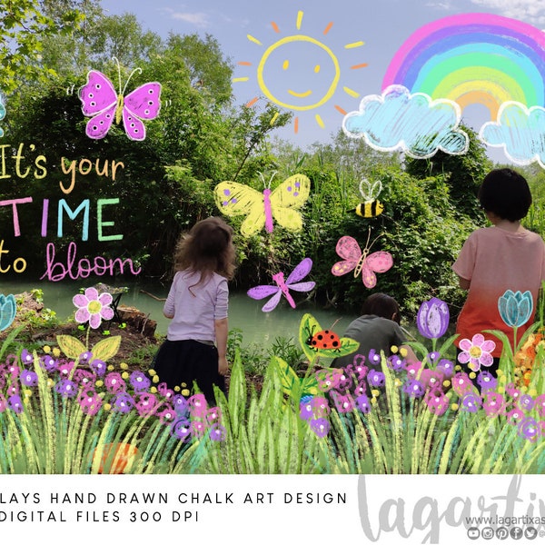 Overlays Sidewalk Chalk Art Spring Doodles hand drawn, Easter Spring Quotes, Butterflies, Flowers, Photography decorations, Kids, Digital