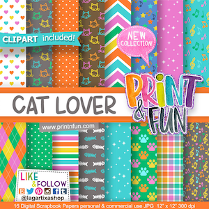 May include: A set of 16 digital scrapbook papers featuring various cat-themed patterns, including paw prints, fish bones, musical notes, and cats. The papers are in a variety of colors, including pink, blue, green, orange, and yellow. The papers are 12 inches by 12 inches and 300 dpi. The text "CLIPART included!" and "NEW COLLECTION!" is also included in the image.