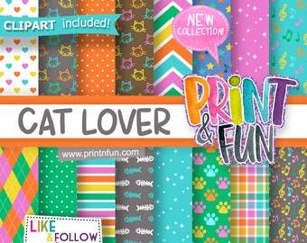 Cat Lover Digital Paper Music Lover Patterns Music Notes Fish papers Paw Cat Orange Green Turquoise Yellow Pink Backgrounds stars hearts