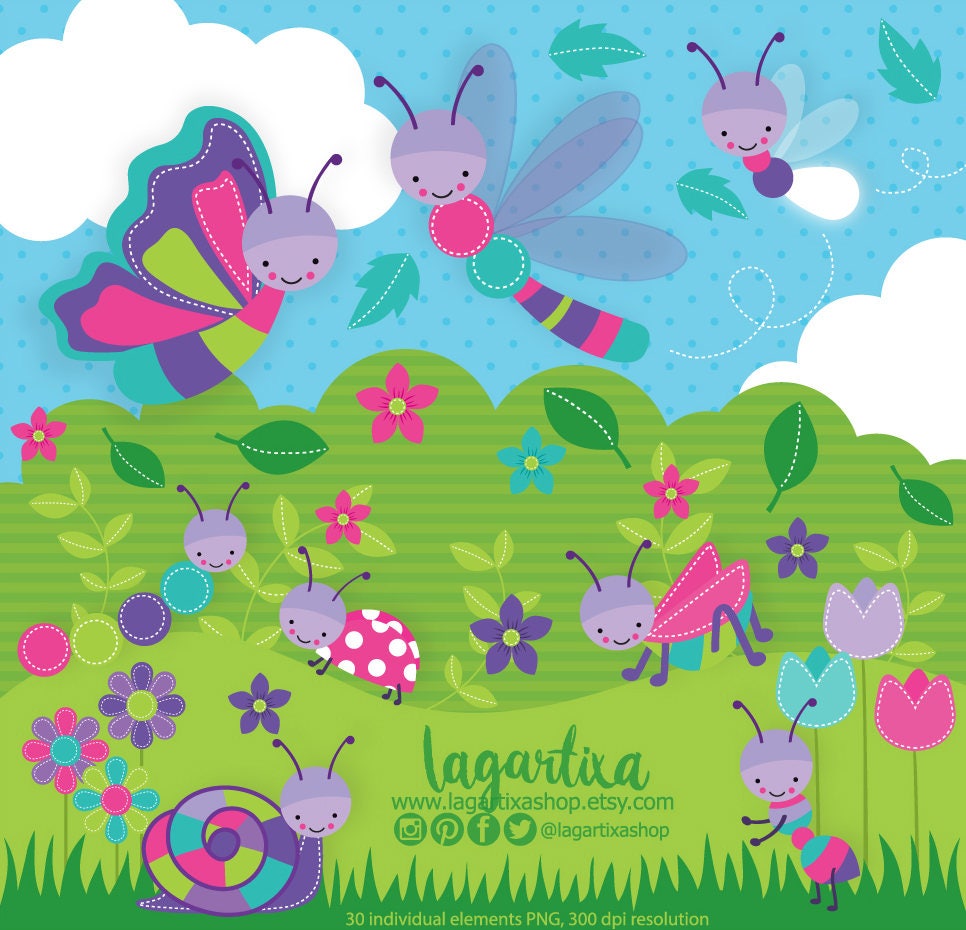 Spring BUGS Clip Art, Firefly, Snail, Caterpillar, Butterflies, Dragonflies  Lemon Green, Turquoise, Purple, Pink, Fuchsia - Etsy, image size:966x930