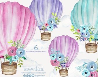 Watercolor Hot Air Balloons with flowers, floral, purple, pink, turquoise, Clip art, png, floral, for invitations, prints, wall art, babies