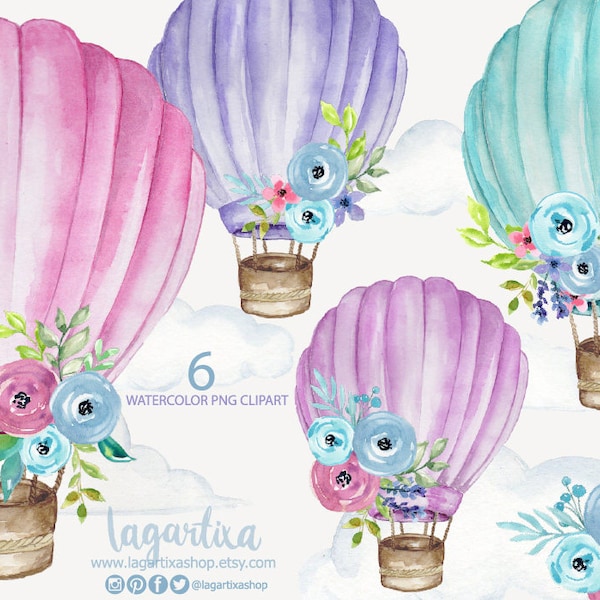 Acuarelas de Globos de Aire con flores, Arte Clipart Imagenes, para Baby Shower niña, tarjetas, invitaciones, lila, rosa, turquesa, morado,
