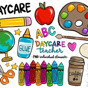 May include: A set of colorful clipart images for daycare teachers. The images include a globe, crayons, scissors, glue, a paint palette, an apple, a lightbulb, a coffee cup, and the words "DAYCARE" and "ABC".