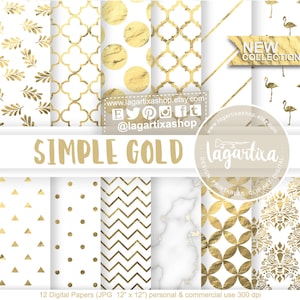 May include: Twelve digital papers in JPG format, each measuring 12 inches by 12 inches, featuring a variety of simple gold patterns on a white background. The patterns include leaves, geometric shapes, polka dots, marble, and damask. The papers are designed for personal and commercial use and have a resolution of 300 dpi.