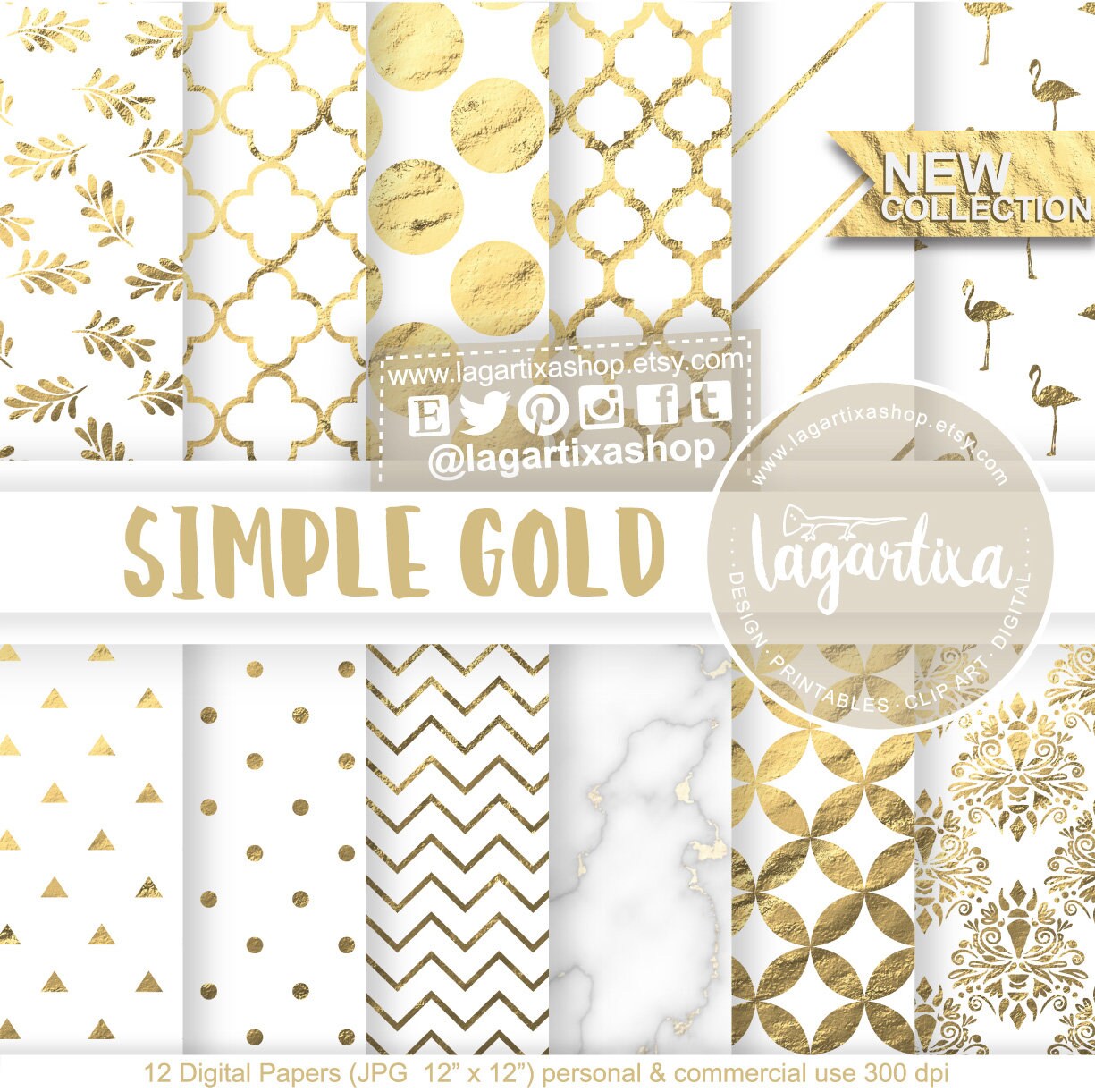 Gold Foil Digital Paper 5x7 Gold Black & White, Gold Glam Dots