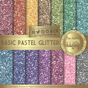Puede incluir: Una colección de 14 papeles digitales para álbumes de recortes con efecto purpurina en varios colores pastel. Los papeles miden 20,32 cm x 20,32 cm y presentan el texto "BASIC PASTEL GLITTER". La imagen también incluye el logotipo y los enlaces de redes sociales de la tienda Etsy.