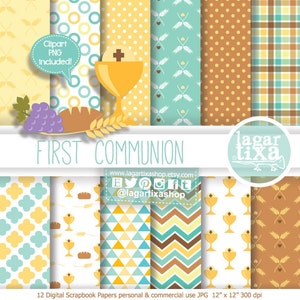 Könnte beinhalten: Zwölf digitale Scrapbook-Papiere mit verschiedenen Mustern, darunter Punkte, Karos und geometrische Designs. Die Papiere sind in einem hellblauen, gelben und braunen Farbschema gehalten. Die Papiere sind 12 Zoll mal 12 Zoll groß und haben eine Auflösung von 300 dpi. Der Text "FIRST COMMUNION" ist oben im Bild zu sehen.