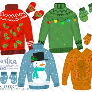 Brutto maglione di Natale Acquerello Clipart PNG per sublimazione Disegni fatti a mano per carte inviti decorazioni Posadas Umoristico