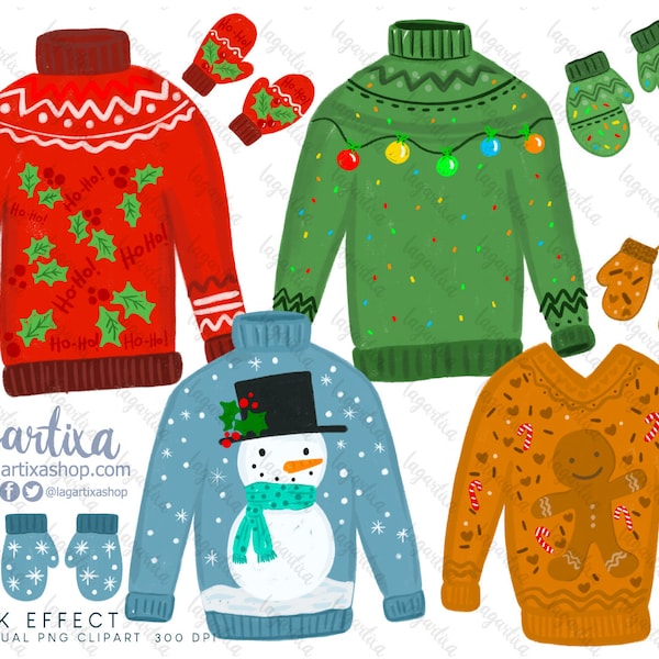 Christmas Ugly Sweater Clipart PNG Handpainted Images Watercolor art Lagartixa Shop Cardmaking Planner Sublimation Decorations For party