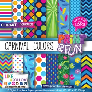 Puede incluir: 16 papeles digitales para scrapbooking con temática de colores de carnaval. Los papeles presentan varios patrones, incluyendo rayas, lunares, plumas y hojas tropicales. Los papeles miden 30,5 cm x 30,5 cm y 300 dpi.