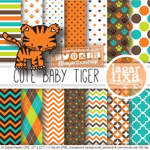 Tender Tiger Digital Paper Oranje en Turkoois, koffie, groen, kleine gaatjes, clipart voor babyshower Eerste verjaardag Baby's, voor sublimatie