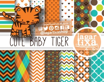 Tiger Clipart and Orange Turquoise Brown Paws Digital Paper Patterns for Baby Shower Invitations Birthday Party Labels Sublimation Designs