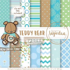 TEDDY BEAR Baby Boy Baby Blue Beige Digital Paper Clipart For Party Invitation Birthday party baptism baby shower box favors invitations