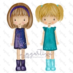 Clipart süße kleine süße kleine Freundinnen, handgemaltes PNG, digitale Datei für Geschenkkarten, Etiketten, Schwestern, Cousins