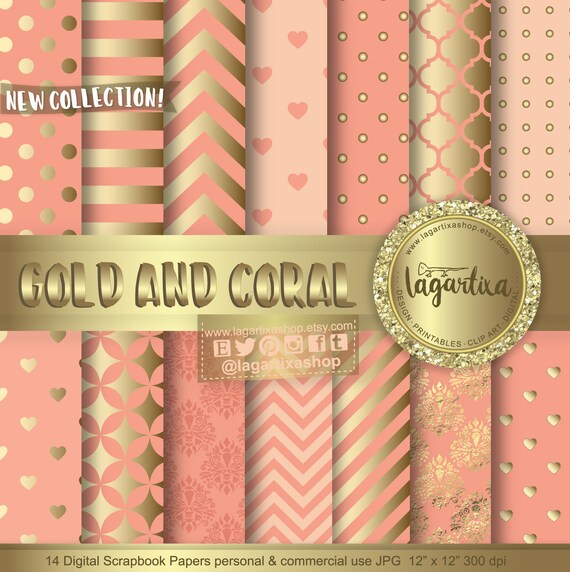 Gold Digital Papier Koralle Pfirsich Pfirsich Chevron Trebol Etsy
