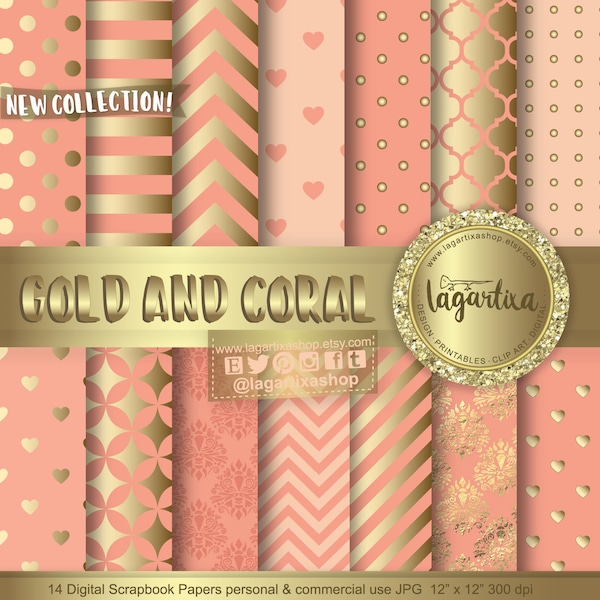 Gold Coral patterns Salmon Peach Digital Paper Background Chevron Polka dots hearts lace Scrapbooking Blog invitations thank you cards