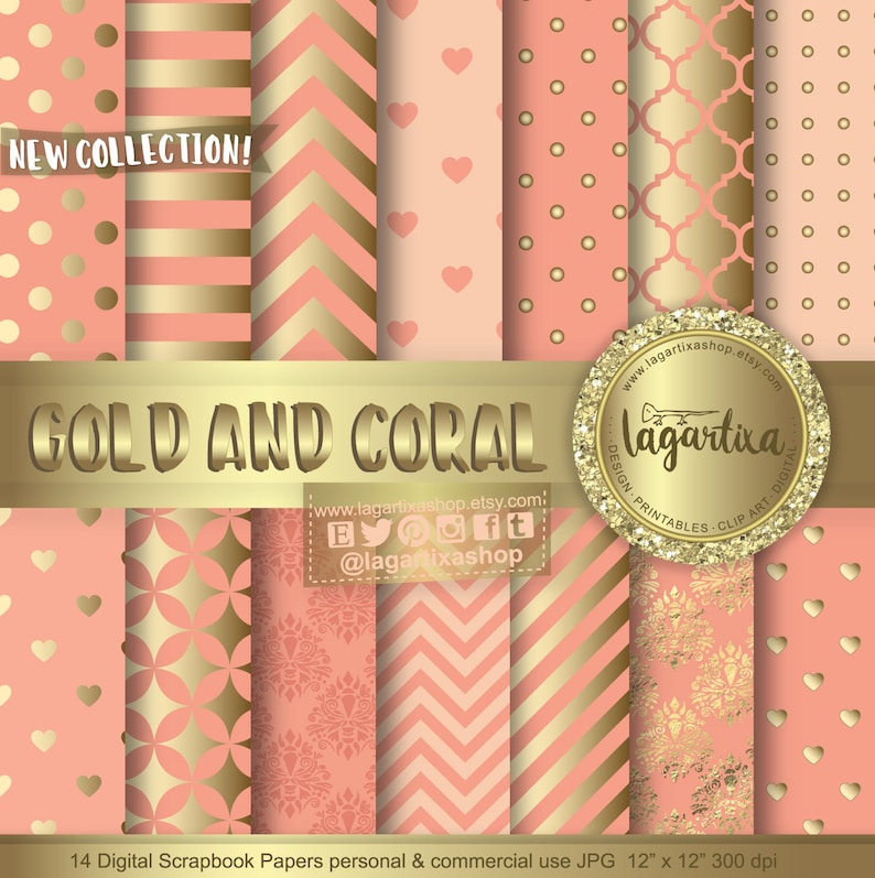 Gold Coral patterns Salmon Peach Digital Paper Background Chevron Polka dots hearts lace Scrapbooking Blog invitations thank you cards 