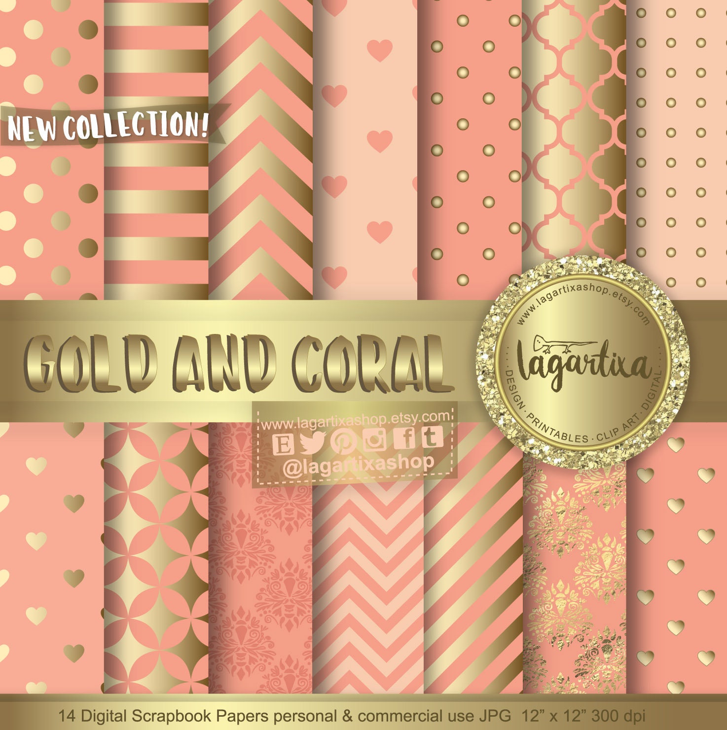 salmon cardmaking coral wedding Coral Mint and Gold Digital Paper: Coral Mint and Gold Patterns scrapbook paper scrapbooking peach