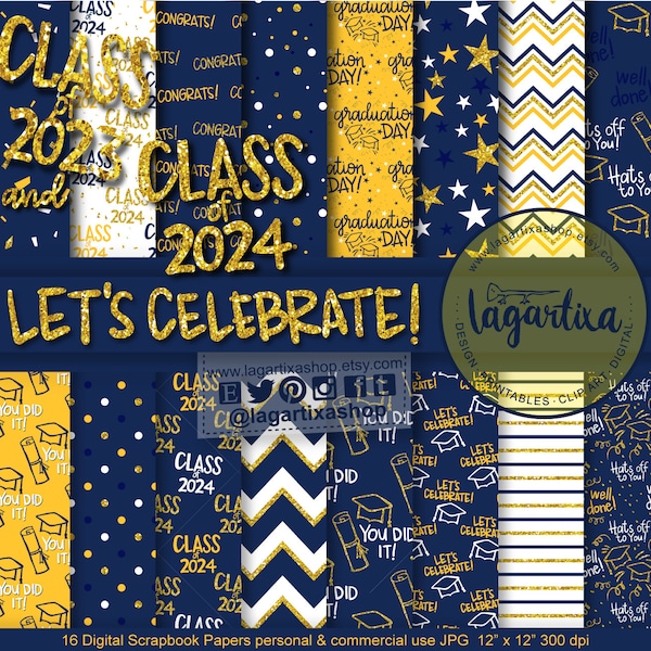 Graduation Patterns Class of 2022 2023 Digital Paper Navy Yellow Gold Glitter Cap Diploma stripes, dots, chevron, stars, confetti congrats