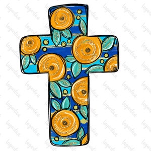 Kreuz blau Blumen handbemalt Aquarell Clipart PNG Rosen Taufe Erstkommunion Hochzeit Sommer handbemalt religiöses Ereignis begünstigt Kunst