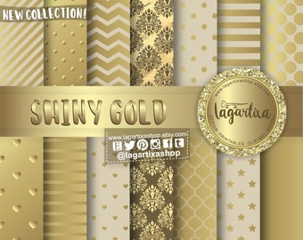 Gold Digital Paper Golden Background Glitter stripes Gold Foil Gold Leaf Chevron Polka Dots beige Glitter Quatrefoil damask by Lagartixa