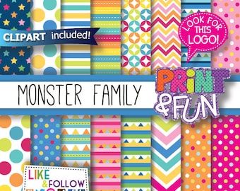 Monsters Patterns Babies Cute Monster Digital Paper Patterns Background Scrapbooking Pink Green Blue Purple Triangles Geometric Dots stripes