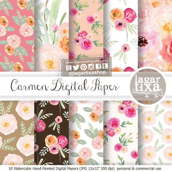 Spring Girly Shabby Chic Vintage Pale pink Orange Roses Real Watercolor Digital Paper, Florals, wedding flowers, patterns, backgrounds