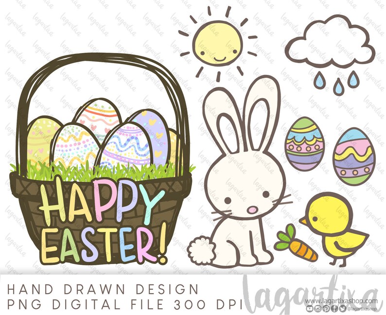 Easter Bunny Cute Rabbit Hand Drawn Cute Happy Eggs Basket Sublimation ...