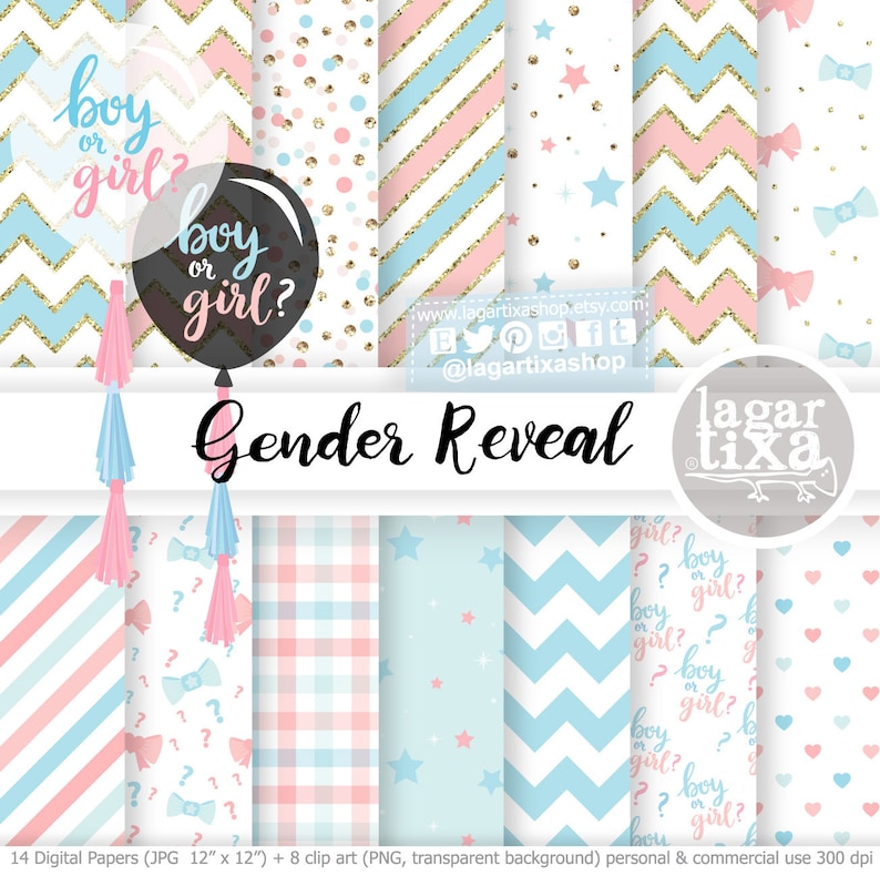 Gender Reveal Baby Shower, Surprise Balloon, PNG, Patterns, Pale Pink and Baby Blue, for nursery wall art, invitations, quotes, prints image 1