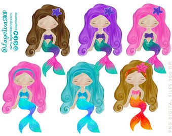 Mermaid girly PNG File Watercolor hand painted design for sublimation Images long hair pink purple orange turquoise