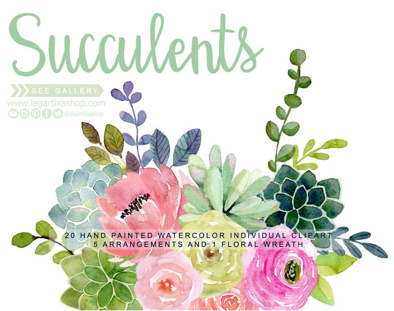 May include: Watercolor clipart featuring 20 hand-painted succulents, 5 arrangements, and 1 floral wreath. The succulents are in shades of green, pink, and white.
