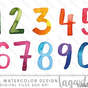 Numeros en Acuarela cursiva PNG Clipart lettering palabras escritas a mano para Calendario rosa amarillo naranja violeta