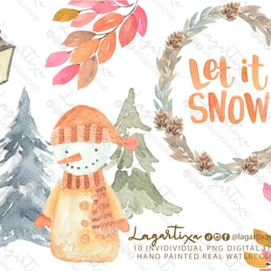 Scimmia di neve calda con sciarpa a cappello in vero acquerello, alberi di pino, lanterna, ghirlanda di foglie, lascia che nevichi, albero di Natale Clipart PNG, autunno