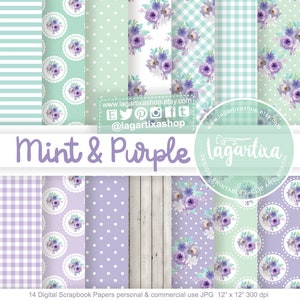 Papel Digital Fondos Cottage Chic madera blanca verde Menta Lila Violeta turquesa Vintage patrones fondos blog o invitaciones scrapbooking