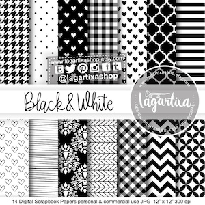 Blanco y negro Papel Digital Fondos Patrones Blanco y Negro chevron gingham dots puntos houndstooth corazones pata de gallo lineas trebol