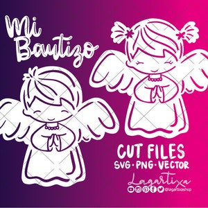 Engel SVG Vektor Schneidedatei Junge und Mädchen beten für die Taufe Taube Heiliger Geist Kreuz mit Blumen, zum Laserschneiden von Cake Topper