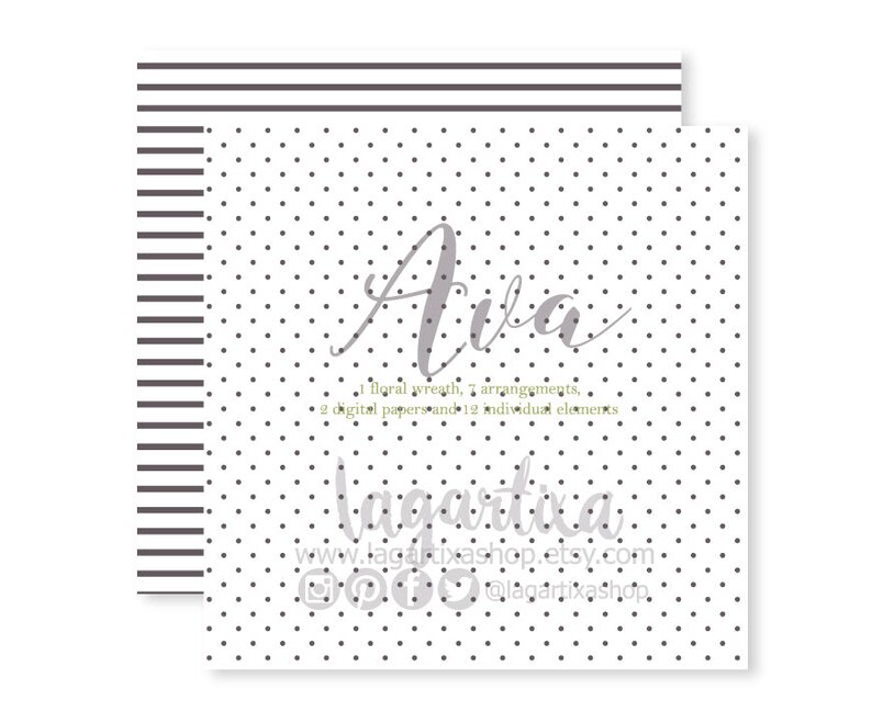 Op de afbeelding: Een digitaal papierpakket met een witte achtergrond en grijze stippen. De tekst "Ava" is geschreven in een grijs handschrift. De tekst "Lagartixa" is geschreven in een grijs handschrift. De tekst "1 bloemenkrans, 7 arrangementen, 2 digitale papieren en 12 individuele elementen" is geschreven in lichtgroen. De tekst "www.lagartixashop.etsy.com @lagartixashop" is geschreven in grijs.