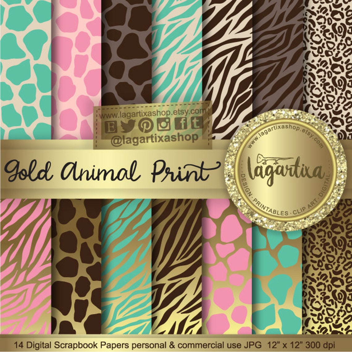 Animal Print Gold Pink Mint Aqua Brown Tourquiese Digital Paper ...