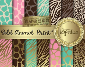 Animal Print Gold Pink Mint Aqua Brown Tourquiese Digital Paper Background giraffe zebra Scrapbooking Blog invitations thank you cards
