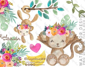 Cute Watercolor Girly Monkey Clipart PNG Sublimation Image Invitations Cards Tropical Floral Bananas Leaves Hearts for Baby Shower BIrthday