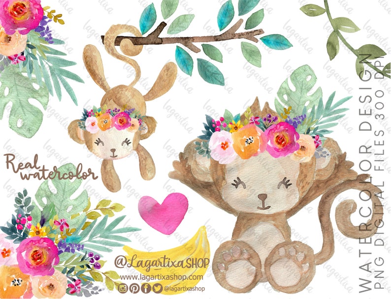 Cute Watercolor Girly Monkey Clipart PNG Sublimation Image image 1
