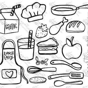 May include: Black and white line art illustrations of various kitchen and food items, including a chef's hat, a milk carton, a glass of juice, a lunch lady apron, a frying pan, a chicken leg, a loaf of bread, a strawberry, a slice of cake, an apple, a whisk, a spatula, a spoon, and a cookie.
