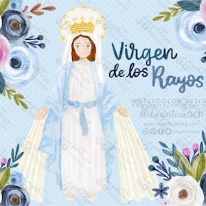 Virgen De Los Rayos de la Medalla Milagrosa Flores Virgencita para Santitos Recuerditos bautizo Primera Comunion Acuarela pintada Lagartixa